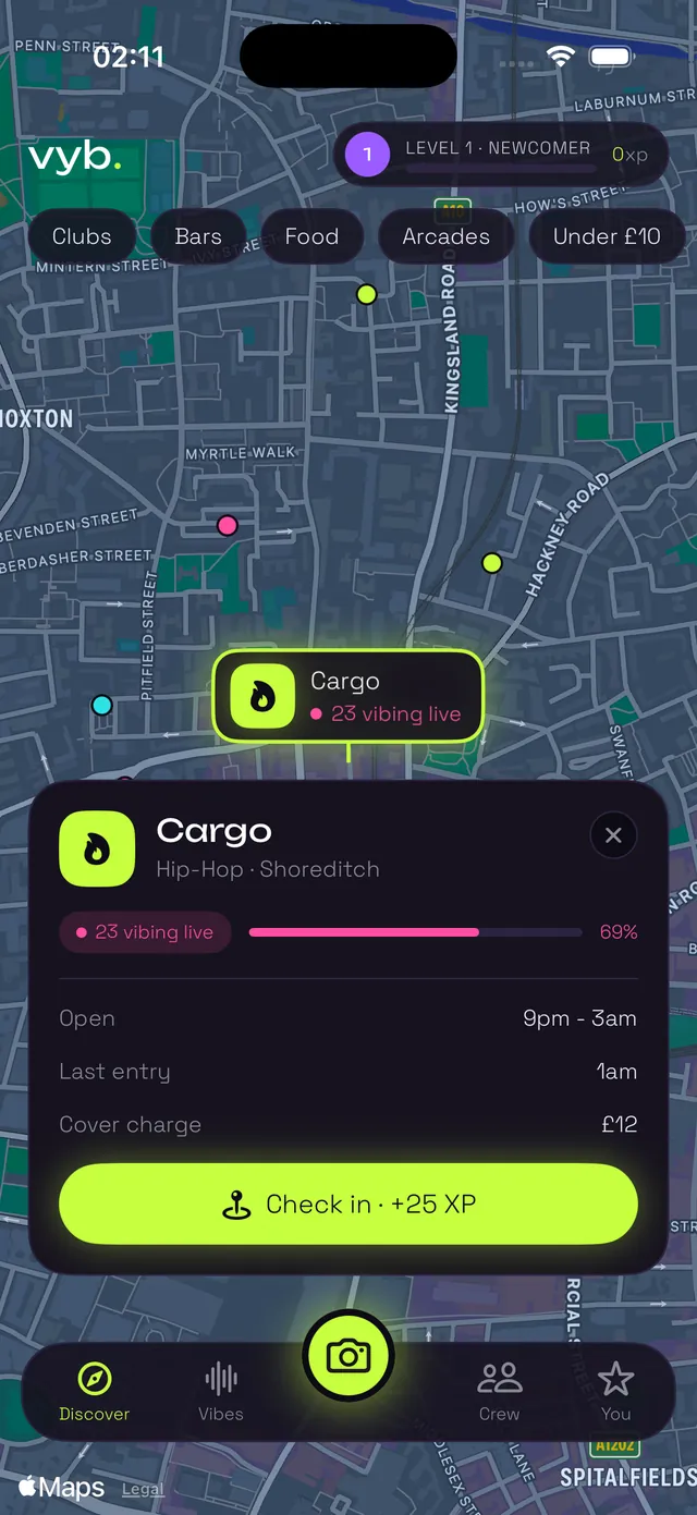 A demo venue detail screen showing opening hours, last entry and cover charge