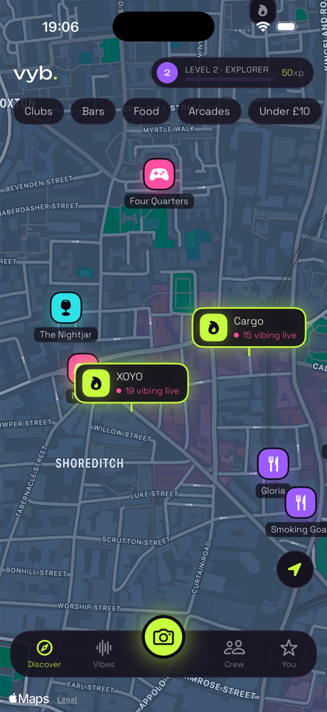 Vyb Discover map of Shoreditch with named venue pins