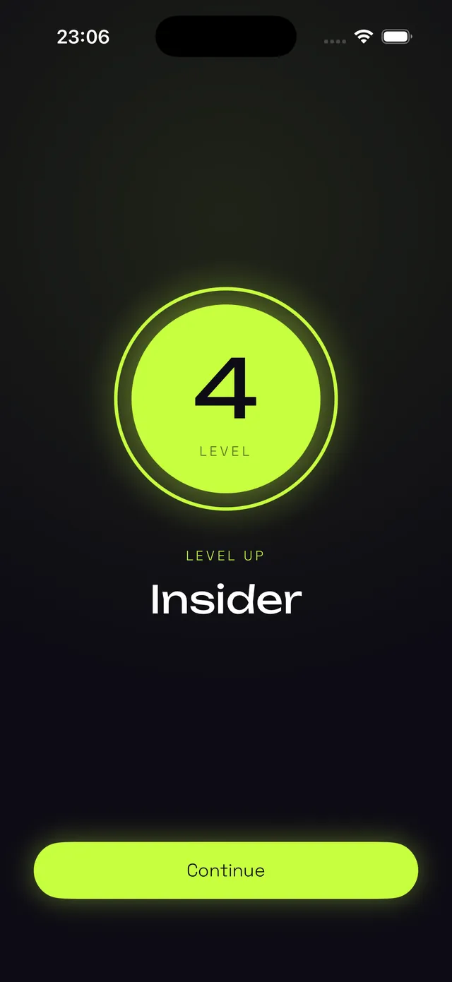 Vyb’s demo level-up screen showing Level 4, Insider